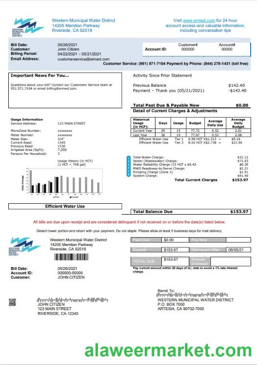 USA Western Municipal Water District utility bill template in Word and PDF format